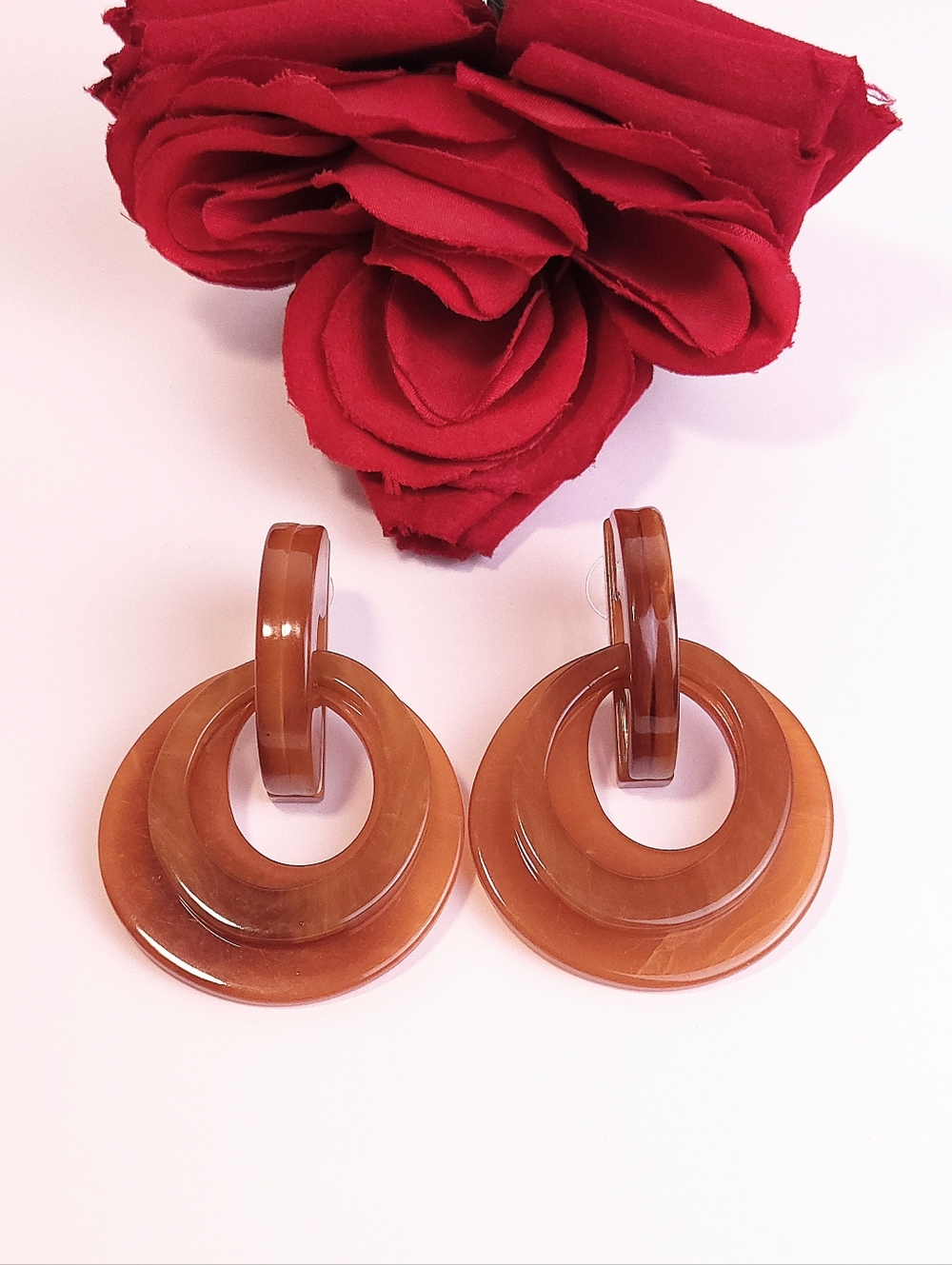 Vintage Style Amber Marble Lucite Double Hoop Dangle Earrings